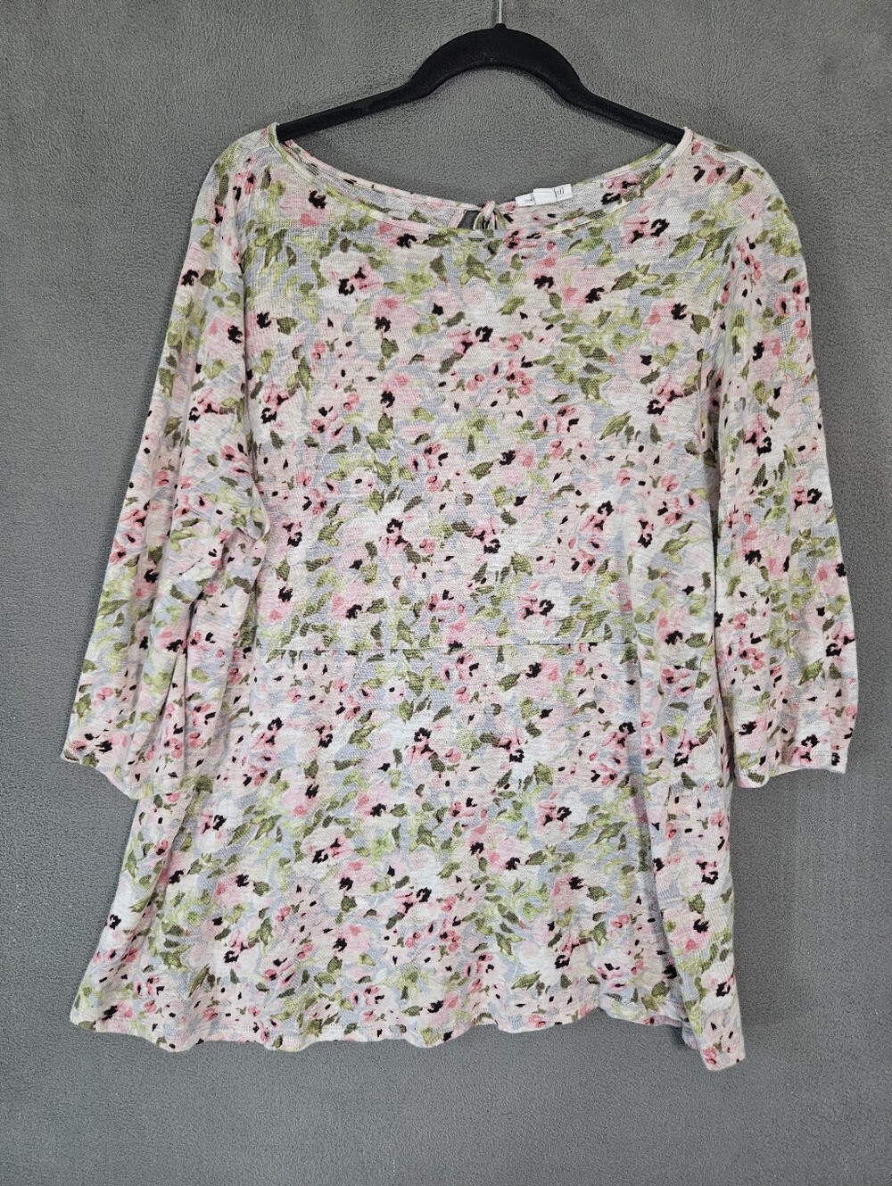 J Jill Love 100% Linen Shirt Pink Floral Cottagecore Keyhole 3/4 Sleeve Tunic L
